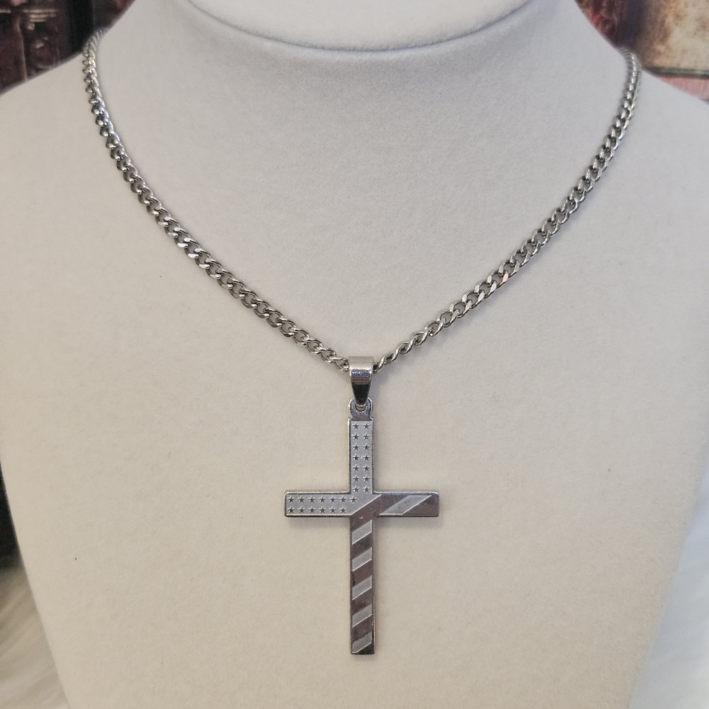 American Flag Engraved Stainless Steel Cross And Chain
